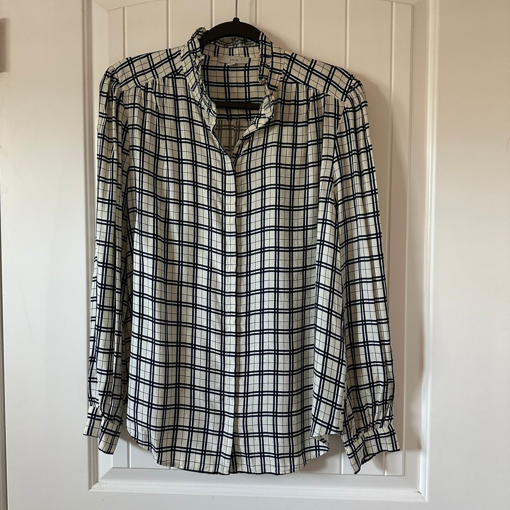 Joie‎ | Long Sleeve Button Up Blouse Ivory Black Plaid | Women's L